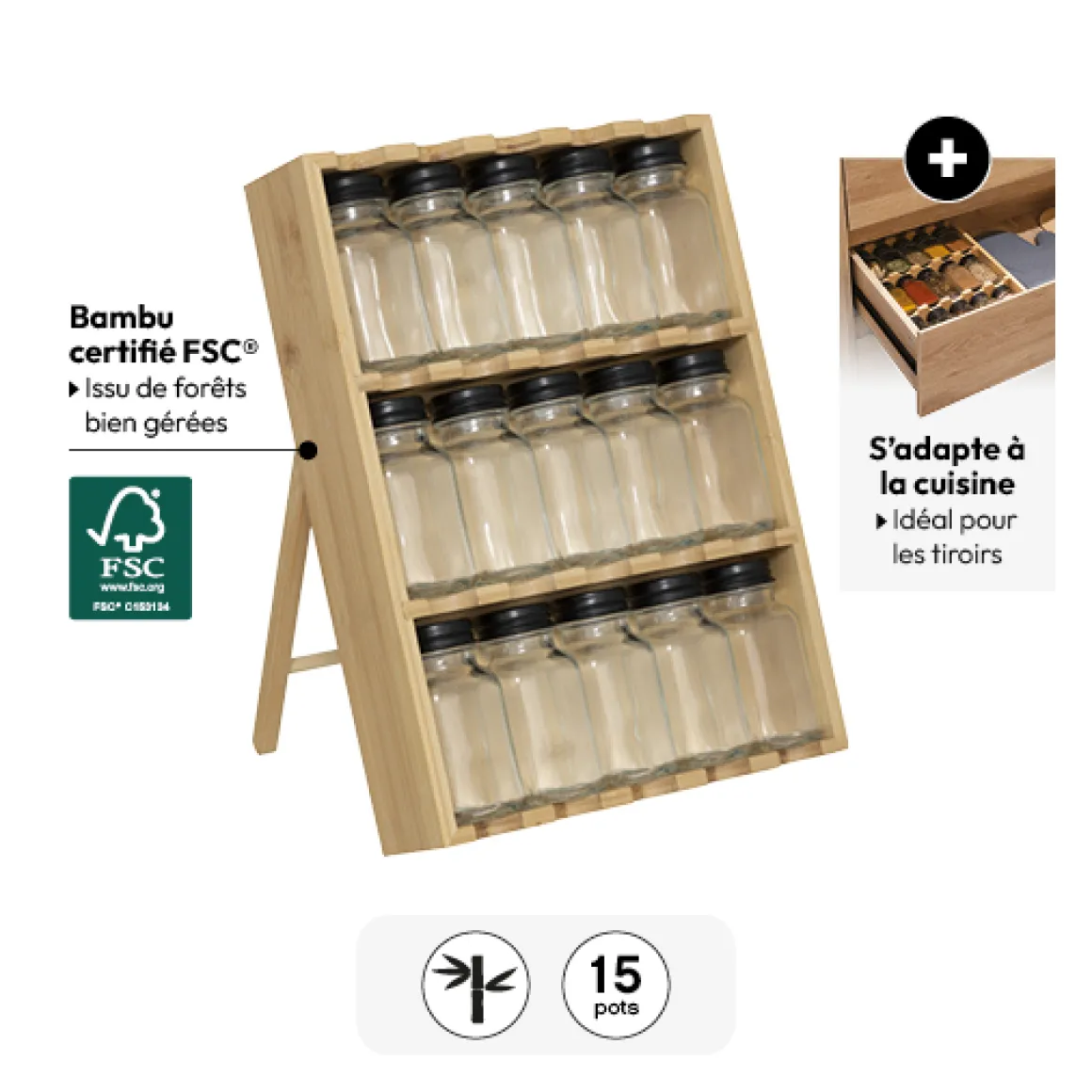 Présentoir à épices 15 pots, Bambou