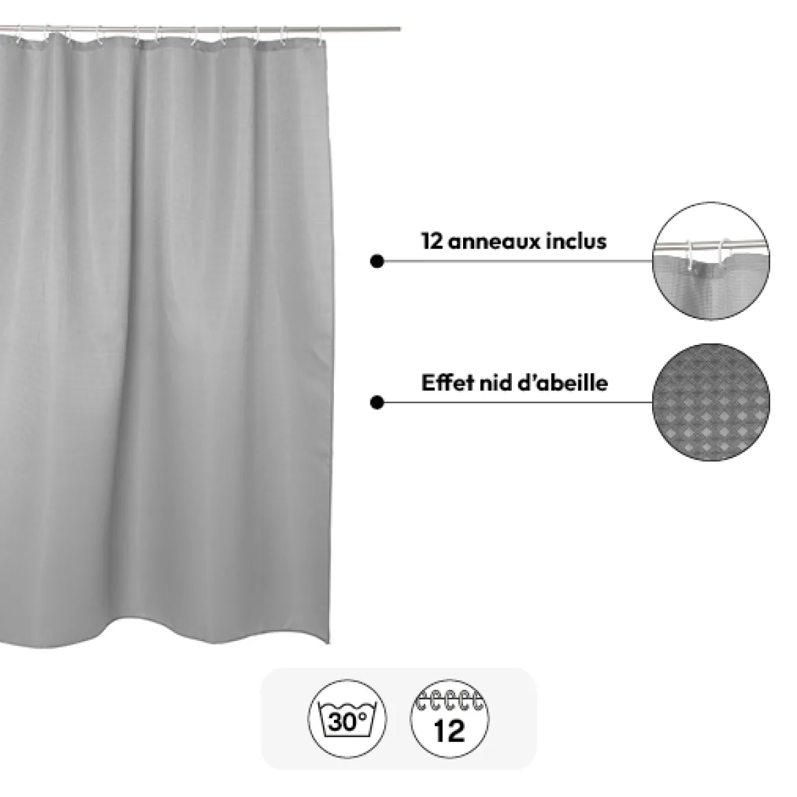 Rideau de douche 180x200cm, Gris