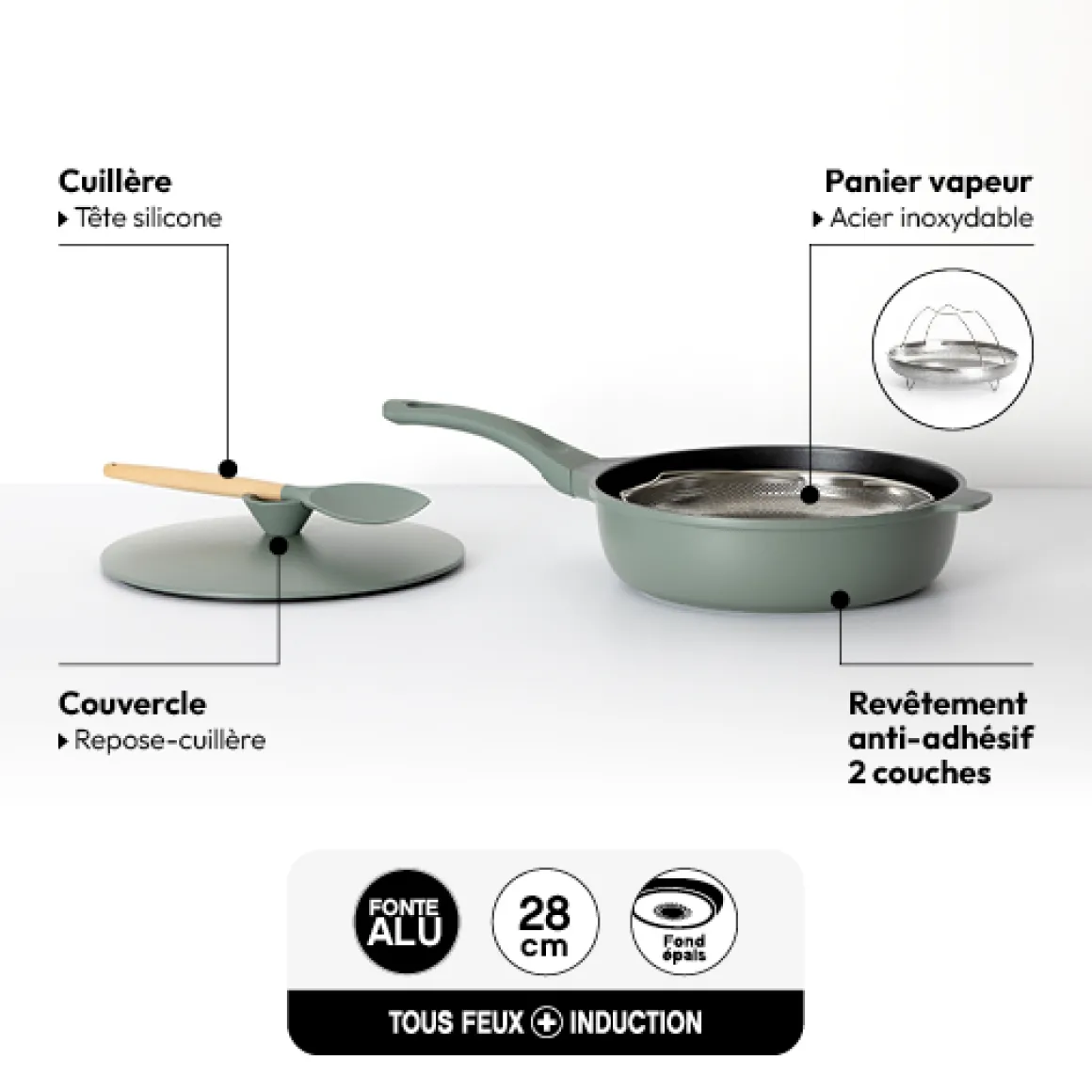 Sauteuse fonte d'aluminium vert, 28cm
