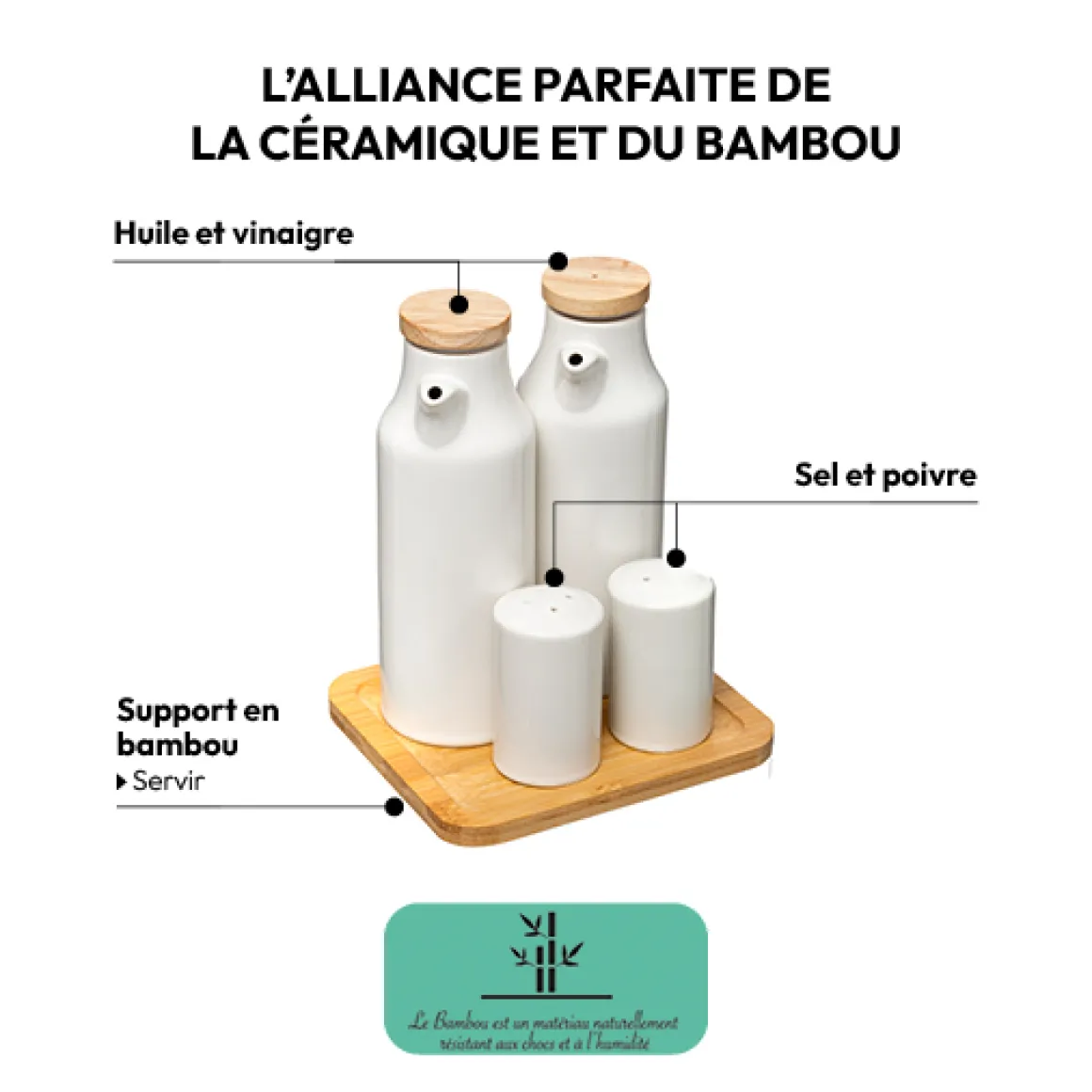 Set huile/vinaigre/poivre céramique, Blanc