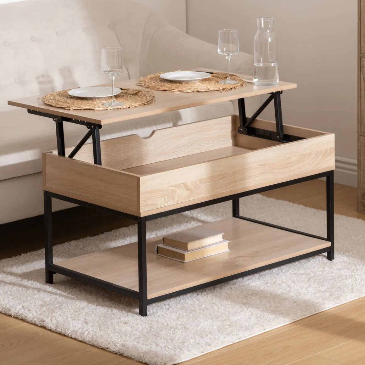 Table basse plateau relevable, Effet chêne naturel