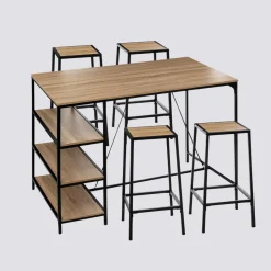 Table de bar et 4 tabourets, Effet chêne naturel