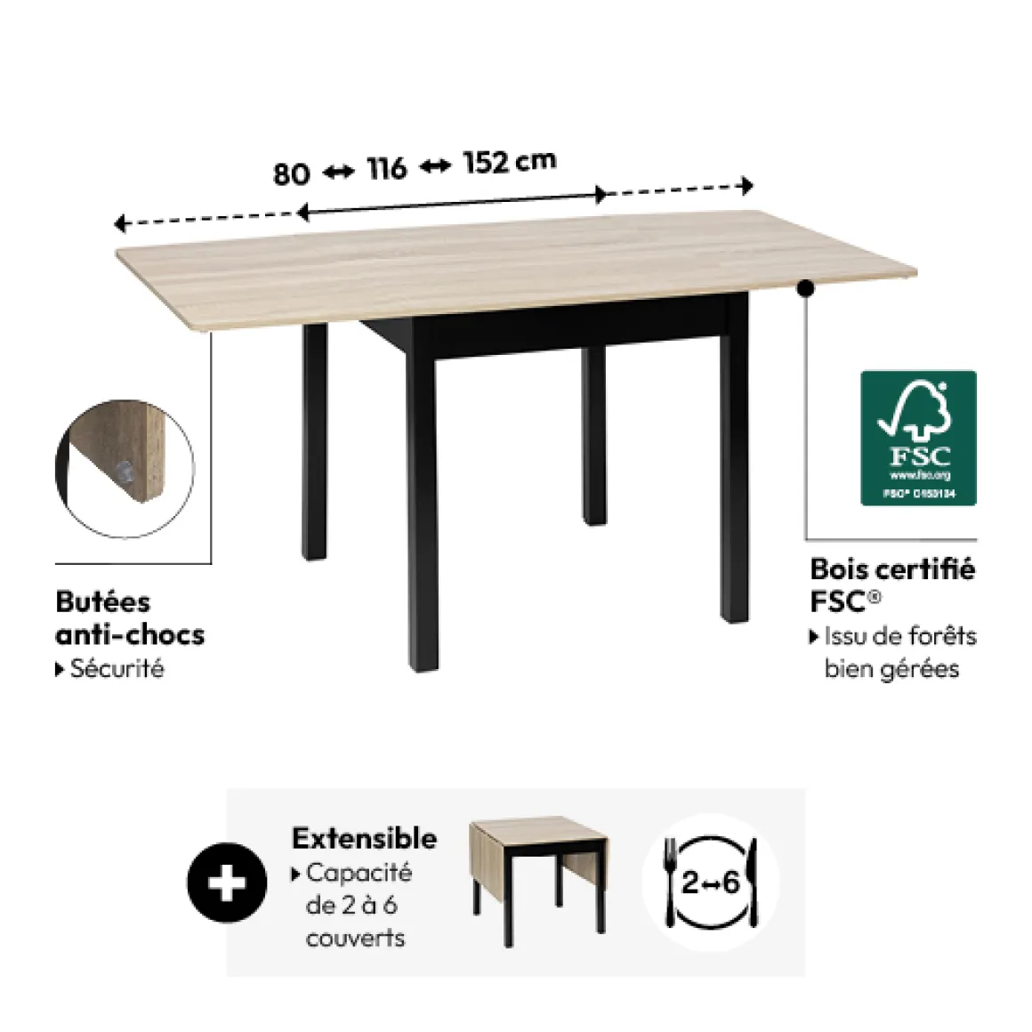 Table extensible 2 à 6 personnes