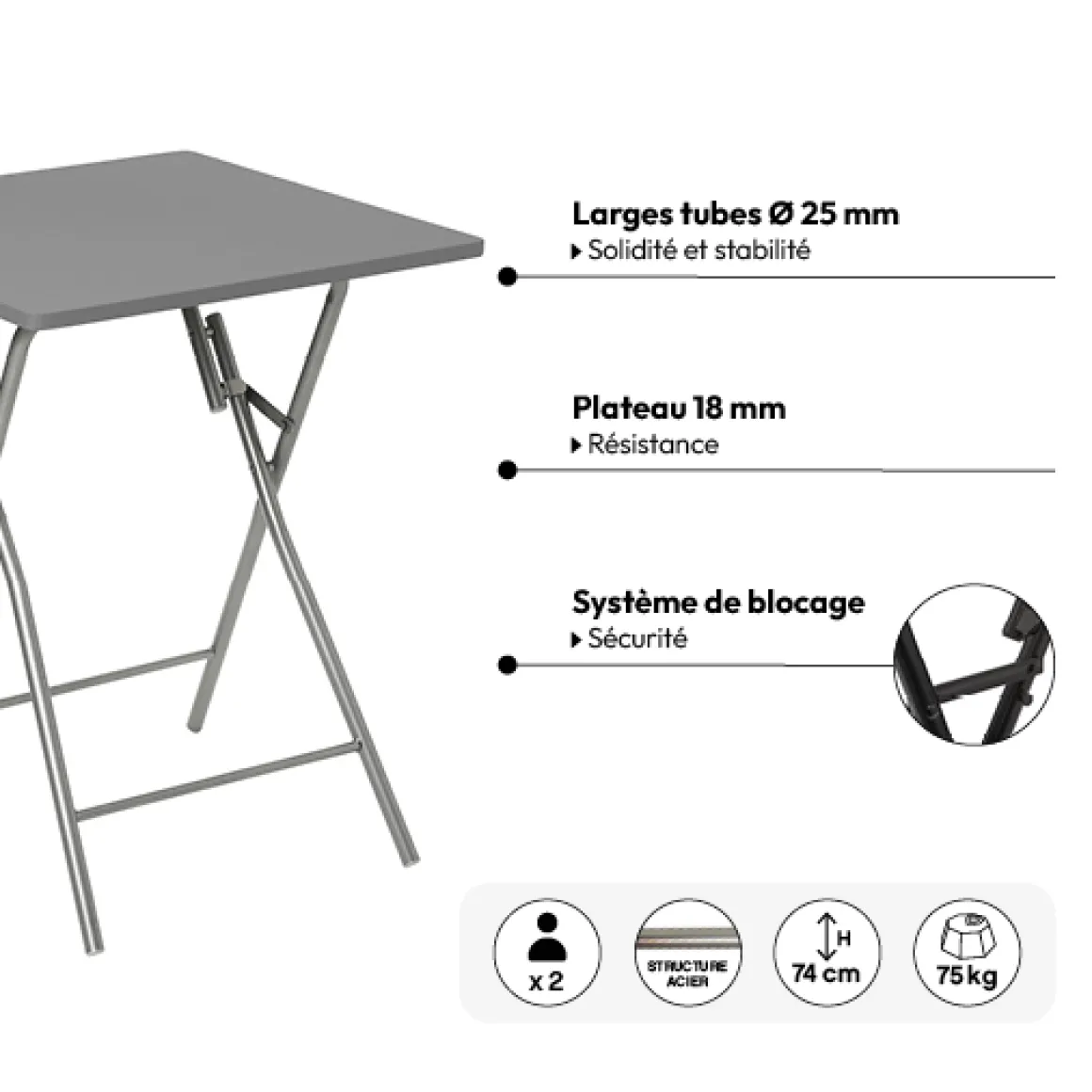 Table pliante 2 places, Gris