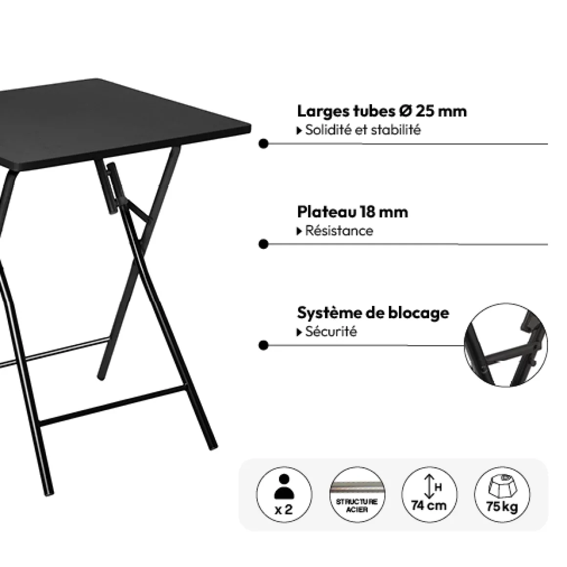 Table pliante 2 places, Noir