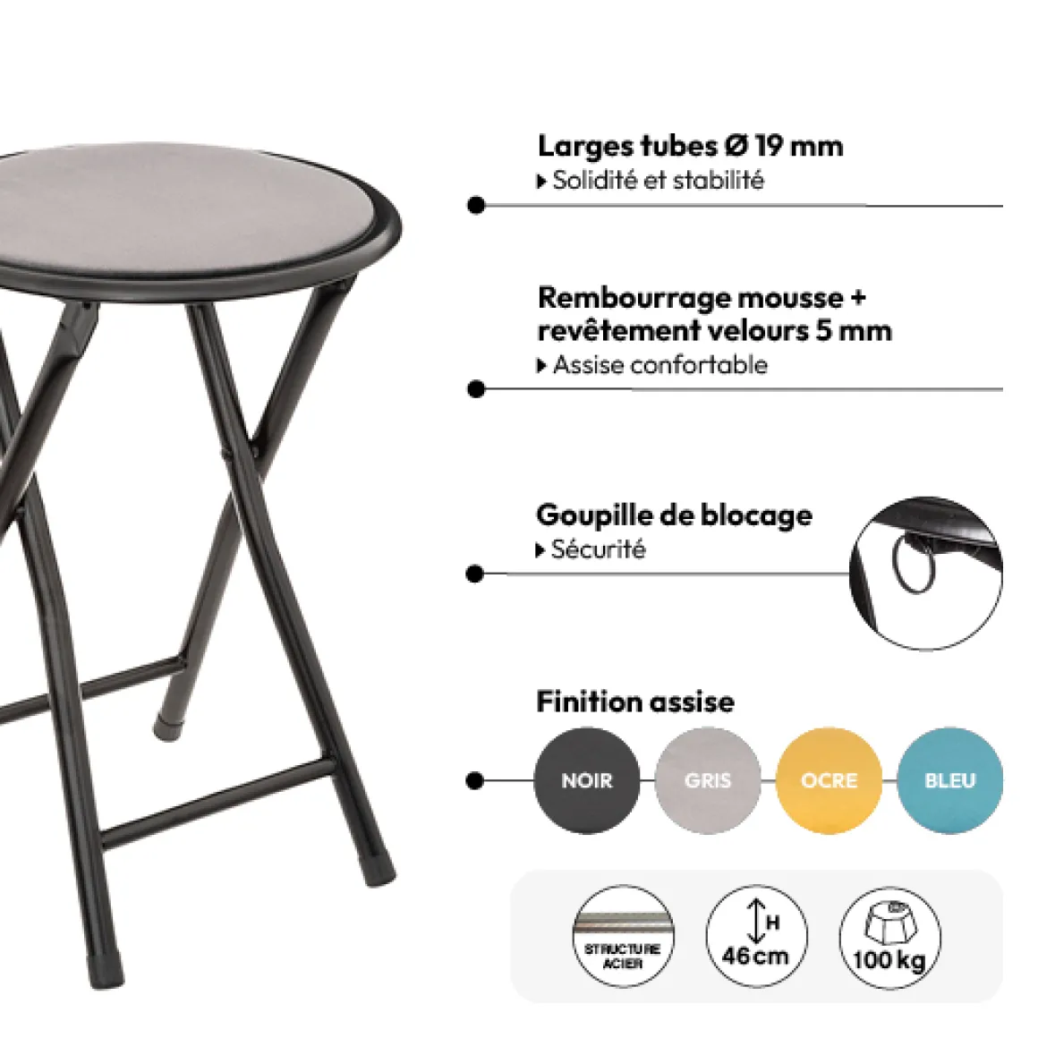 Tabouret pliant, Velours Gris