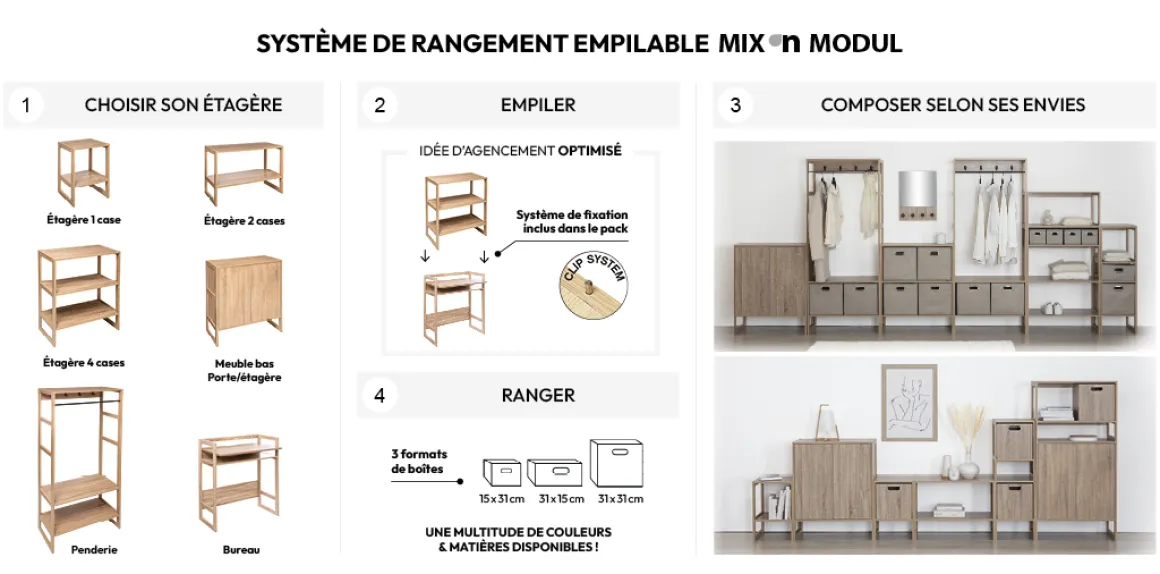 Étagère 4 cases empilables, Effet chêne naturel