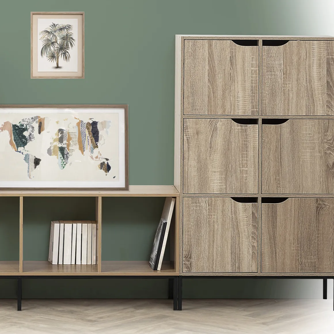 Étagère 6 cases porte, Effet bois naturel