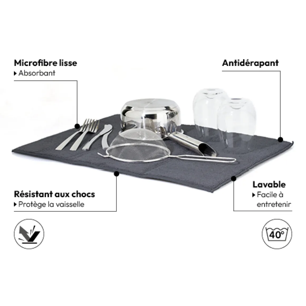 Tapis de vaisselle microfibre 38x50cm, Gris