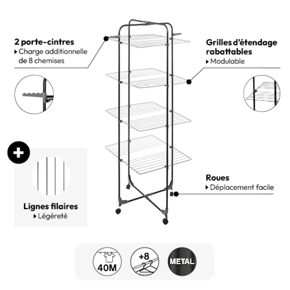 Étendoir à linge pliant tour 40m