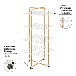 Étendoir à linge tour 4 roues 40m, Effet bois